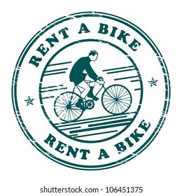 Grunge rubber stamp with bicycle and the words Rent a Bike inside