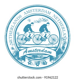 Grunge rubber stamp with bicycle and the words Amsterdam, Netherlands inside, vector illustration