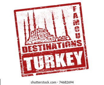 Grunge rubber stamp with blue mosque shape and the word Turkey inside, vector illustration