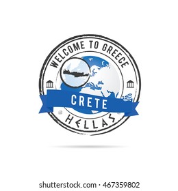 grunge rubber stamp with blue ribbon and Greek island Crete illustration in colorful