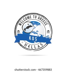 grunge rubber stamp with blue ribbon and Greek island Kos illustration in colorful