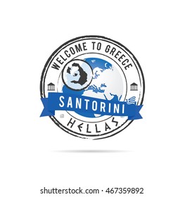 grunge rubber stamp with blue ribbon and Greek island Santorini illustration in colorful