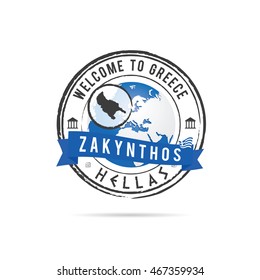 grunge rubber stamp with blue ribbon and Greek island Zakynthos illustration in colorful