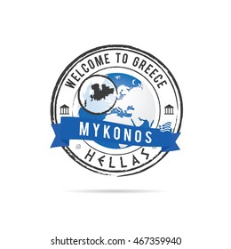 grunge rubber stamp with blue ribbon and Greek island Mykonos illustration in colorful