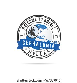 grunge rubber stamp with blue ribbon and Greek island Cephalonia illustration in colorful