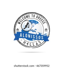 grunge rubber stamp with blue ribbon and Greek island Alonissos illustration in colorful