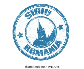 Grunge rubber stamp with the building of tower gothic lutheran church shape and the word Sibiu,  Romania written inside the stamp