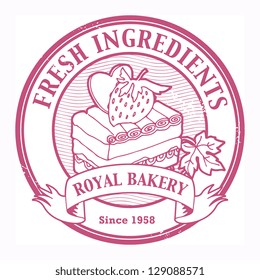 Grunge rubber stamp with cake and the text Fresh Ingredients written inside the stamp
