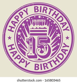 Grunge rubber stamp with candles, cake and the text Happy Birthday written inside the stamp, vector illustration