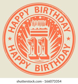 Grunge rubber stamp with candles, cake and the text Happy Birthday written inside the stamp, vector illustration