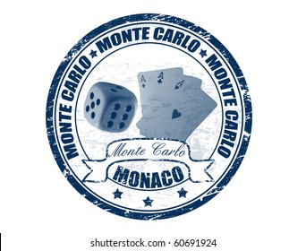 Grunge rubber stamp with cards, dice and the word Monte Carlo, Monaco written inside