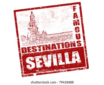 Grunge rubber stamp with Cathedral of Sevilla shape and the word Sevilla  inside, vector illustration