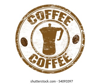 Grunge rubber stamp with coffee beans and italian coffee pot