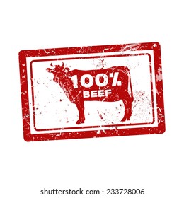 Grunge el sello de goma con la vaca y el texto 100 por ciento de carne adentro.
