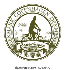 Grunge rubber stamp with cyclist and the word Copenhagen, Denmark inside, vector illustration