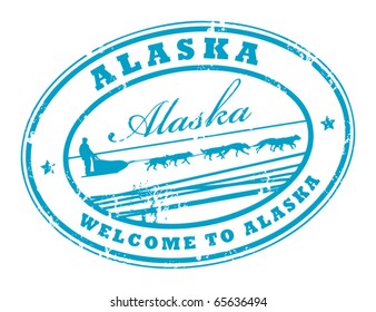 Grunge Rubber Stamp With Dog Sled And Name Of Alaska, Vector Illustration