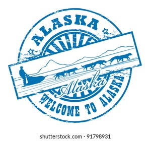 Grunge Rubber Stamp With Dog Sled And Name Of Alaska, Vector Illustration