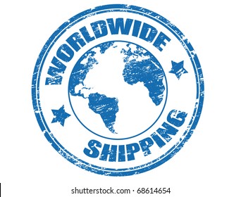 Grunge rubber stamp with a earth globe mape and the text worldwide shipping written inside the stamp, vector illustration