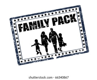 Grunge rubber stamp with family shape and the text family pack written inside