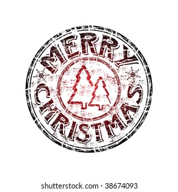 Grunge rubber stamp with fie tree shapes and the text Merry Christmas written inside the stamp