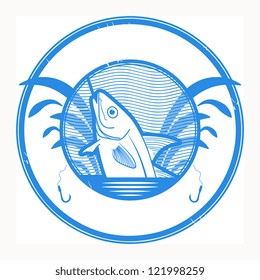 Grunge rubber stamp with fish shape and place for text inside, vector illustration