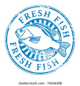 Grunge rubber stamp with fish shape and the word Fresh fish written inside, vector illustration