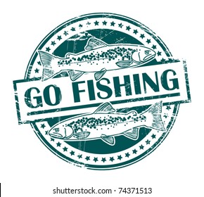 Grunge rubber stamp with fish shape and the text Go Fishing written inside, vector illustration