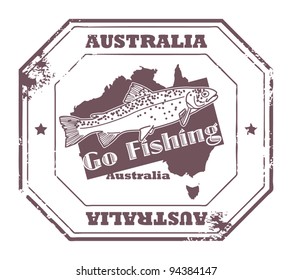 Grunge rubber stamp with fish shape and the text Australia, Go Fishing written inside, vector illustration