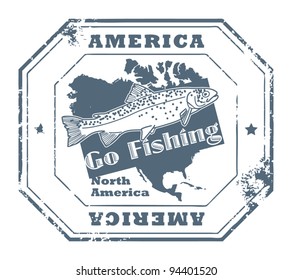 Grunge rubber stamp with fish shape and the text America, Go Fishing written inside, vector illustration