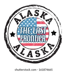 Grunge rubber stamp with flag and the text  Alaska, The last frontier, vector illustration