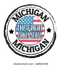 Grunge rubber stamp with flag and the text Michigan, The Great Lakes State, vector illustration