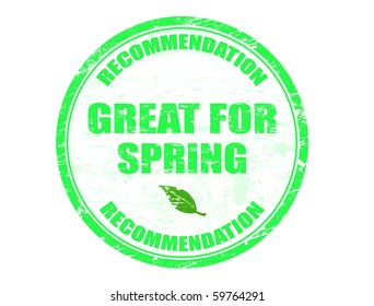 Grunge rubber stamp with green leaf and the text great for spring written inside