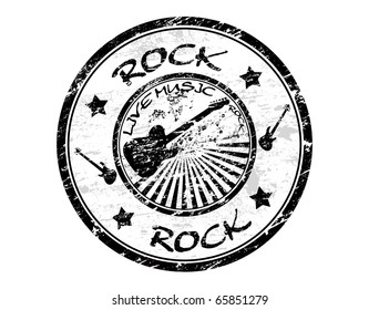 Grunge rubber stamp with the guitar and the word Rock written inside the stamp, vector illustration