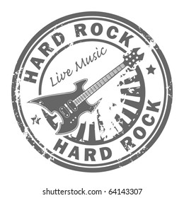 Grunge rubber stamp with the guitar and the words Hard Rock written inside the stamp, vector illustration