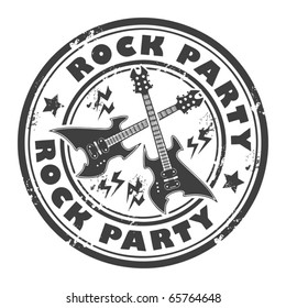 Grunge rubber stamp with the guitar and the words Rock Party written inside the stamp, vector illustration