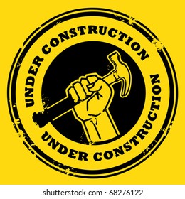 Grunge rubber stamp with the hand holding a hammer and the words under construction written inside, vector illustration