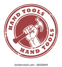 Grunge rubber stamp with hand holding a hammer and the words Hand Tools inside, vector illustration