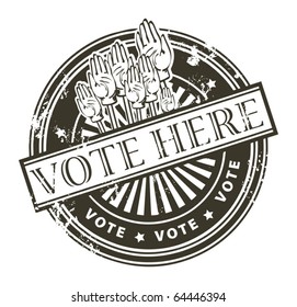 Grunge Rubber Stamp With The Hands And The Word Vote Here Written Inside The Stamp, Vector Illustration