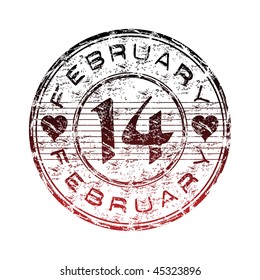Grunge rubber stamp with heart shapes and the text fourteen February written inside the stamp