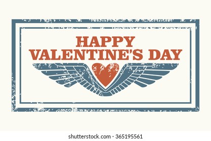 Grunge rubber stamp with heart,  wings and the text Happy Valentine's Day