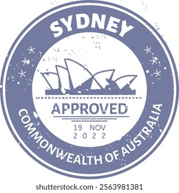 Grunge rubber stamp imitation featuring the Sydney Opera House with the text Sydney, Approved, Commonwealth of Australia, and the date 19 Nov 2022