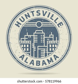 Sello de goma gruesa o etiqueta con texto Huntsville, Alabama escrito en el interior, ilustración vectorial