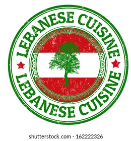 Grunge rubber stamp with Lebanon flag and the text Lebanese Cuisine written inside, vector illustration
