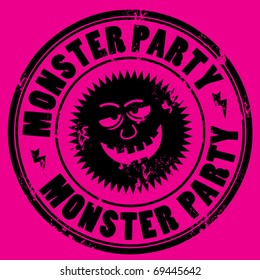 Grunge rubber stamp with monster face and the words Monster party written inside, vector illustration