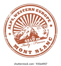 Grunge rubber stamp with the Mont Blanc, highest mountain in the Alps, vector illustration