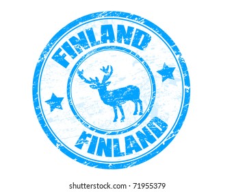 Grunge rubber stamp with moose shape and the name Finland written inside the stamp