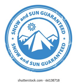 Grunge rubber stamp with mountains and the word Snow and sun guaranteed inside, vector illustration