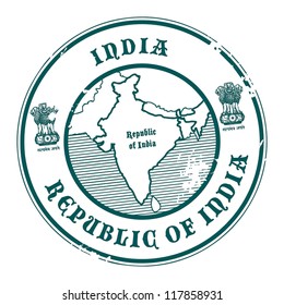 Grunge rubber stamp with the name and map of India, vector illustration