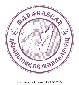 Grunge rubber stamp with the name and map of Madagascar, vector illustration