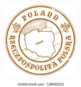 Grunge rubber stamp with the name and map of Poland, vector illustration